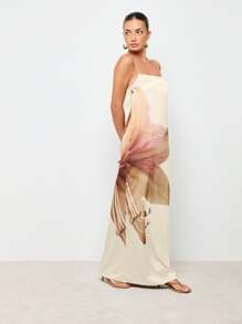 AiiRZ Elegant Floral Satin Maxi Dress Empire Waist Cami Strap Evening Gown Summer Wedding Guest Special Occasion Floor Length,Boho Clothes Women