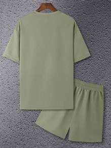 Manfinity Homme 2pcs/Set Plus Size Men Solid Color Short Sleeve T-Shirt And Shorts, Cozy Outfits - Army Green - View 3
