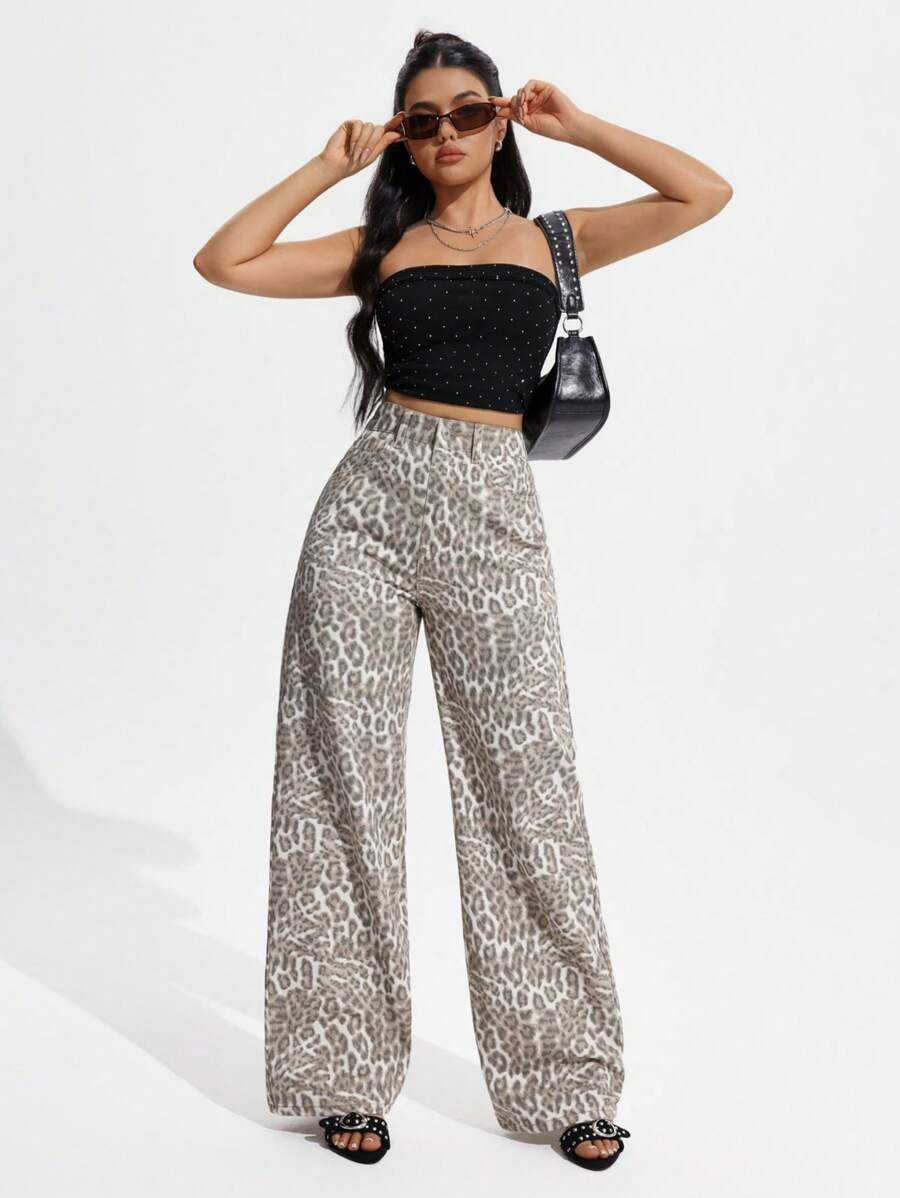 SHEIN ICON Women's Leopard Print Pocketed Wide Leg Loose Casual Jeans - Multicolor - View 1