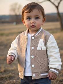 SHEIN Playful Pals Chaqueta casual de un solo botonadura y bolsillo para niño pequeño con diseño de bloques de color, bolsillos con botones metálicos, textura de pana tipo camisa, chaqueta casual y elegante para primavera, verano, otoño, escuela, casual, vacaciones, deportes, tallas de 6 meses a 3 años, ropa para niños, ropa de bebé, ropa exterior para niños pequeños, tops para niños pequeños