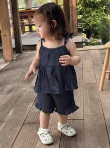 Hapijoa 女童两件套：荷叶边吊带衬衫和休闲短裤 - 中等水洗藍 - 查看 6