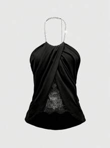 ROMWE Áo yếm hở lưng xếp nếp ren vá Y2K gợi cảm - màu đen - Xem 1