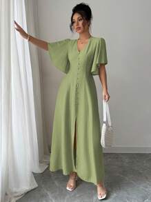 Elenzga 女士优雅休闲 V 领 A 字高低连衣裙，系腰带，纽扣装饰，喇叭袖，适合下午茶、派对、度假、工作 - 橄欖綠 - 查看 6