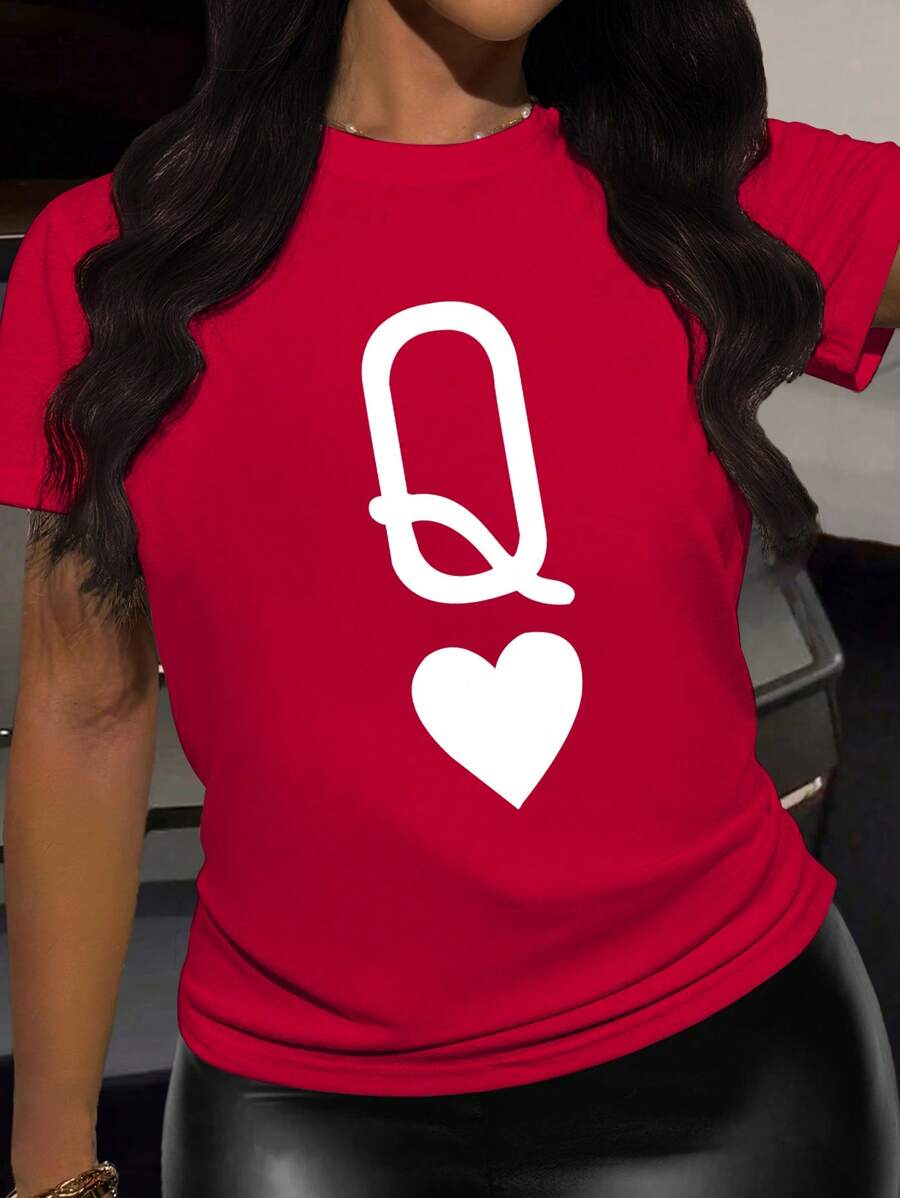 INAWLY Poker Card Queen Print Casual Women T-Shirt, Spring & Summer For New Year Clothes Graphic Tees Women Tops - Red - View 1