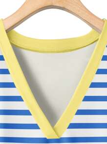 EMERY ROSE Casual Minimalist Blue & Yellow Striped Print Plus Size T-Shirt, Suitable For Summer Beach Resort Suitable For Going Out - Multicolor - View 4
