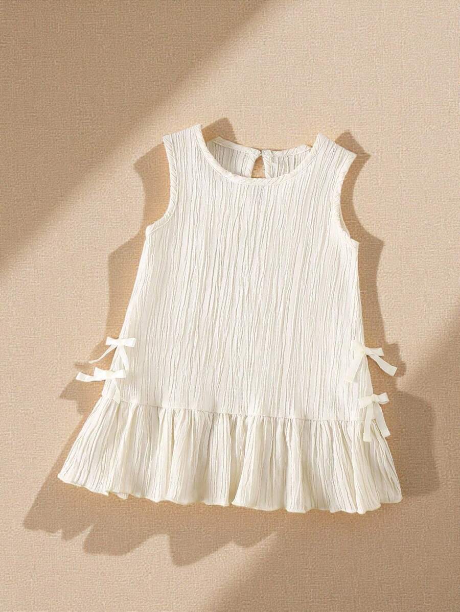 SHEIN Baby Girl Summer Plain Color Bowknot Decor Ruffle Hem Sleeveless Dress - White - View 1