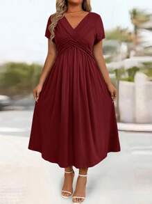 Breezaya 女士优雅麻花针织扭纹连衣裙，休闲通勤，A 字飘逸宽松，修身 - 酒紅色 - 查看 7