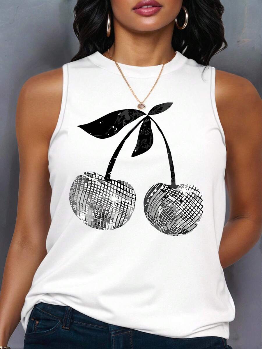 SHEIN EZwear 大码樱桃印花圆领休闲背心，适合夏季