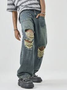 Manfinity EMRG 男士休闲水洗做旧直筒牛仔裤 - 淺色水洗藍 - 查看 6