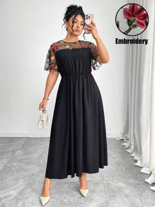 Elenzga 大码女式花卉刺绣网眼拼布束腰优雅浪漫连衣裙 - 黑色 - 查看 1