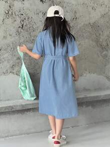 Dazy Kids 女童牛仔短袖连衣裙（适合青少年女孩，夏季） - 藍色 - 查看 3
