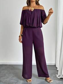 Flirla Plus Size Women Off Shoulder Top And Pants Two Pieces Set - Purple - View 4