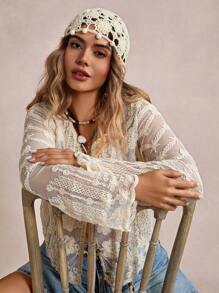 Freevana 大码休闲度假浪漫钩针透视性感雪纺防晒薄开衫，适合工作、派对、音乐节、家居服、海滩出游和阳光明媚的日子。 - 杏色 - 查看 6