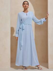 Graceveil Elegant Round Neck Long Sleeve Chiffon Patchwork Dress - Blue - View 4