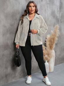 SHEIN LUNE Plus Dual Pocket Drop Shoulder Zipper Flannelette Coat, For Winter Fall Autumn - Light Grey - View 3