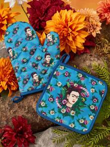Frida Kahlo X SHEIN Printed Heat Insulation Set, Individual Piece And Set, Heat Insulation & Anti-Scald, Suitable For Kitchen Baking, Slip Proof Kitchen Items, Practical Holiday Home Gift,Summer Outfits, Spring Outfits,Beach, Vacation, Flower - Blue - View 1