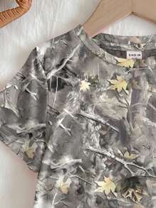 SHEIN Leap Crew Bộ 2 món áo ngắn tay in họa tiết lá héo & ngụy trang cho bé gái tuổi mới lớn, giản dị tối giản, thích hợp cho mùa hè - Nhiều màu - Xem 5