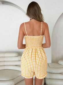 Roylia Women's Spring & Summer Fashion Casual Plaid Camisole Drawstring Frill Trim Jumpsuit Shorts - Yellow - View 2
