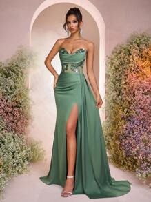 Glamrae Elegant Green Satiny Strapless Plunging Neckline Sheer Mesh Fish Bone Applique 3D Floral Fish Tail High Slit Ruffle Adjustable Tie Evening Dress, Suitable For Date, Vacation, Birthday, Party, Wedding, Prom, Valentine's Day - Green - View 7