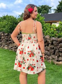 SHEIN EZwear Plus Size Summer Vacation Casual Contrast Lace Strawberry Romper - Apricot - View 2