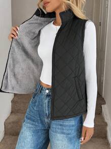 Easowa 秋冬拉链泰迪熊衬里背心绗缝大衣 - 黑色 - 查看 1