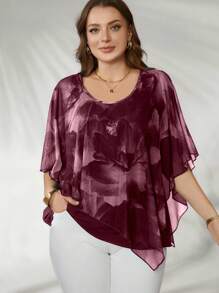 Flouryn Áo khoác cardigan lưới dáng suông thanh lịch dành cho nữ cỡ lớn, áo sơ mi thời trang thường ngày, áo kiểu chiffon cỡ lớn dành cho nữ. - Màu Đỏ Sâu - Xem 3