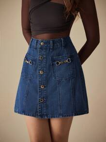 SHEIN Frenchy Women's Summer Casual Front Button Denim Skirt - Blue - View 5
