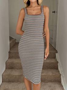 Easowa 女式方领修身条纹纹理针织休闲节日背心裙，夏季 - 彩色 - 查看 5