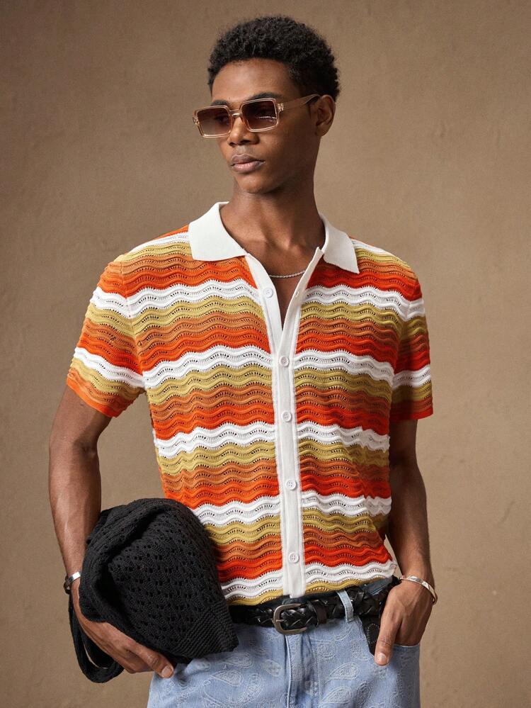 Cardigan casual à manches courtes rayé et coloré avec col en tricot crocheté, pour homme. Idéal pour le port quotidien, le printemps/été, les vacances, les fêtes, les assortiments de couple
