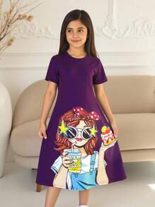 SHEIN Tween Girl Loose Casual Round Neck Cartoon Print Short Sleeve Pullover Dress - Purple - View 1