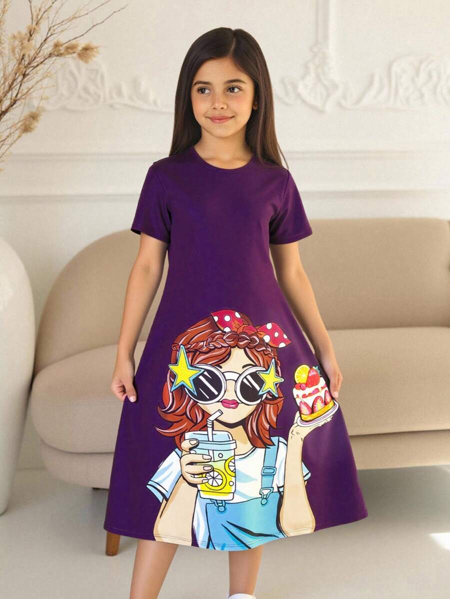 SHEIN Tween Girl Loose Casual Round Neck Cartoon Print Short Sleeve Pullover Dress - Purple - View 1