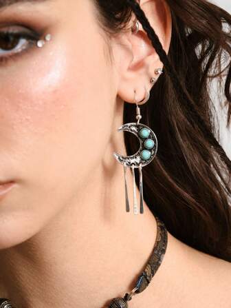 Hippie 2pcs/Set Vintage Boho Turquoise Crescent Moon Tassel Pendant Earrings For Women
