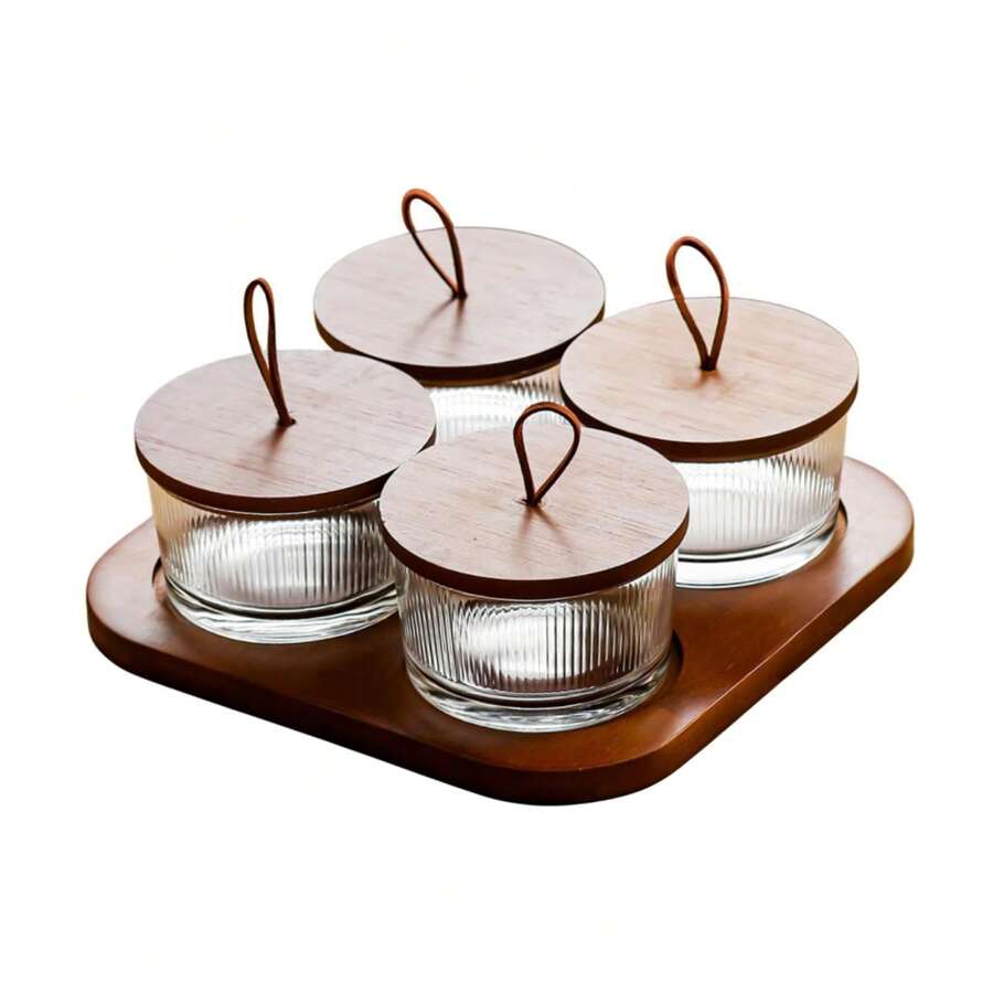 SHEIN 木制小吃托盘带盖玻璃盖分盘坚果盘小吃盘用于糖果薯片配菜沙拉开胃菜 - 棕色 - 查看 1