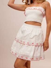 WESTFADE Gonna mini a-line con vita arricciata, fiocco, ricamo e volant a balze, stile country western, adatta per concerti a Nashville, brunch, vacanze al mare in stile boho - Bianco - Visualizzare 3