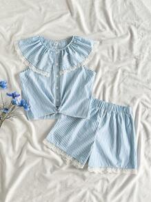 SHEIN Vintaside Kids Mädchen Ärmellose Spitze Große Kragen Mode Einfach Top Kombiniert Mit Lässig Vielseitig Spitzenshorts Set, Perfekt Für Sommer Zuhause Lässig Oder Für den Täglichen Outdoor-Gebrauch