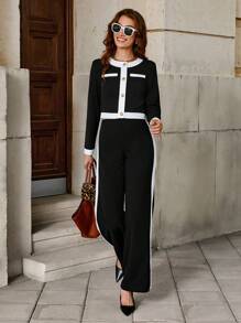 Solivie 2pcs Elegant Contrasting Trim Button-Front Shirt And Pants Set Women Pants Suit