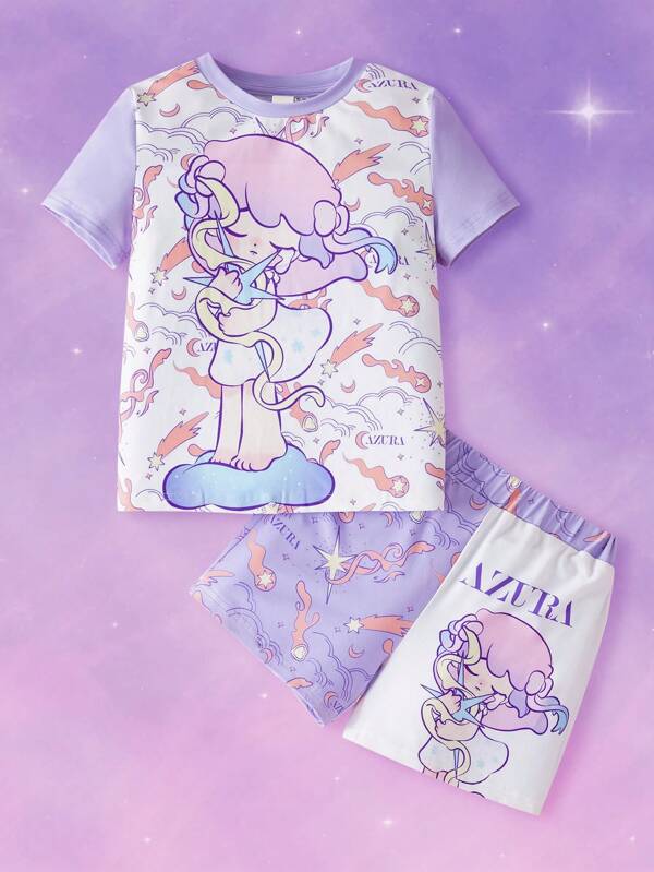 Pop Mart Azura X SHEIN Young Boy Cartoon Pattern Fantasy Cute Sweet Short Sleeve T-Shirt And Loose Shorts Set