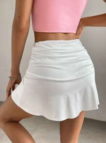 SHEIN x Carly Lawrence SHEIN EZwear Spring Break Solid Ruched Ruffle Hem White Skirt - White - View 2