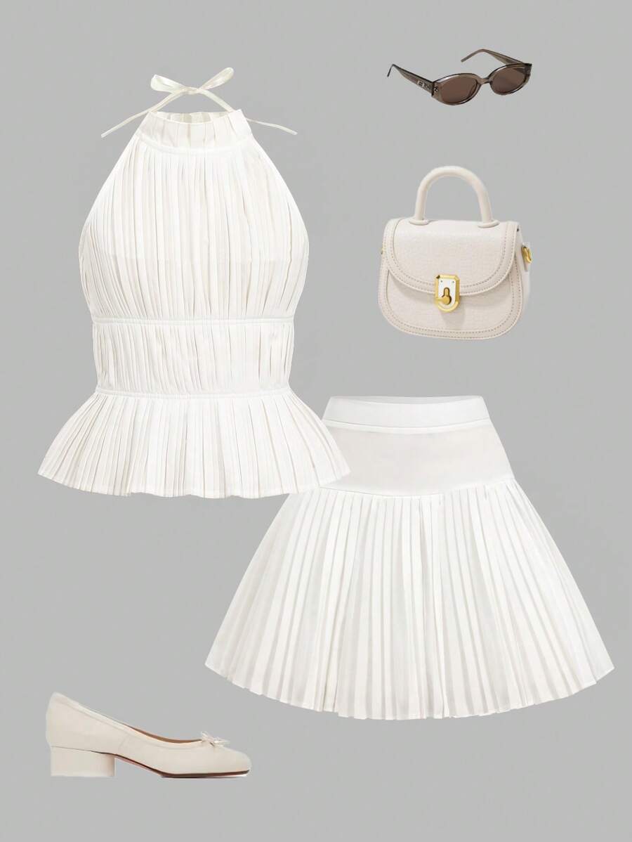 青少年女孩荷叶边领无袖上衣和褶皱迷你裙两件套 - 白色 - 查看 1