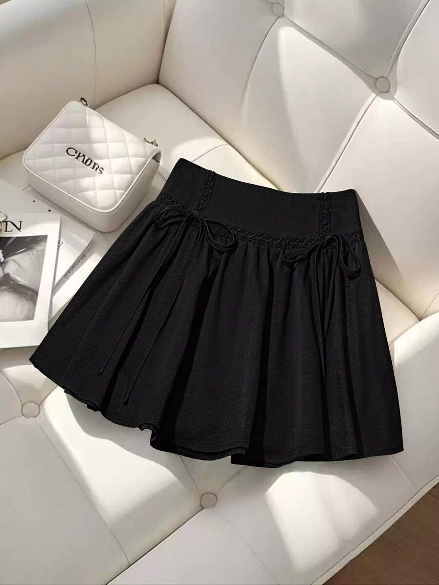 Seusyu Women's Black High Waist Lace Trim Bowknot A-Line Mini Skirt - Black - View 1
