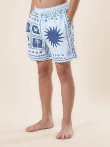Pantalones cortos de playa de verano SUMWON, pantalones cortos de natación y surf con estampado de palmeras y sol para uso casual y vacaciones - Blanco - Ver 4