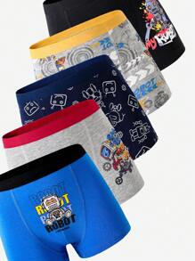 5件装 男童舒适可爱科幻机器人印花棉质平角内裤 男童内裤 返校时尚