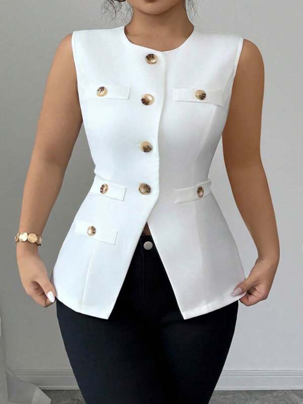 Elenzga Plus Size Elegant Woven Fabric Sophisticated French Style Minimalist Chic Commute Versatile Comfortable Open Front Cinched Waist Vest, Slimming, Women Summer Blazer