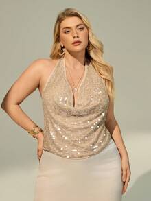 Auralis Plus Size Sequin Decorated Scoop Neck Sleeveless Casual Tank Top, Summer Fashion - Khaki - View 5