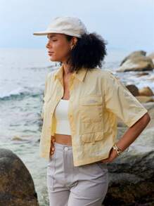 In My Nature Women's Outdoor Casual Sports Utility Button Pocket Short Sleeve Shirt - Yellow - View 2