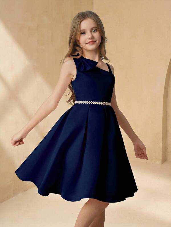 Tween Girl Sleeveless Bowknot Waist A-Line Elegant Minimalist Wedding Party Dress With Belt