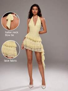 TRNVIE Light Yellow Pleated Asymmetric Ruffle Trim Dress For Women, Suitable For Vacation - Yellow - View 1