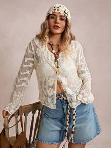 Freevana 大码休闲度假浪漫钩针透视性感雪纺防晒薄开衫，适合工作、派对、音乐节、家居服、海滩出游和阳光明媚的日子。 - 杏色 - 查看 5