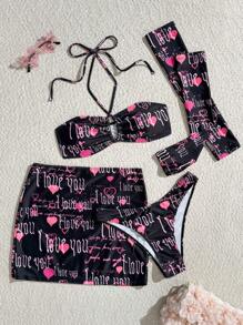 Swim EVENT 4pcs/Set Women's Festival Bikini Set, Includes: Convertible Heart & Letter Print Bandeau Top, Triangle Bottoms, Mini Skirt, And Fingerless Gloves, Suitable For Party & Swim