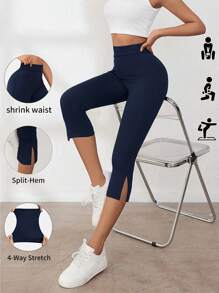 SHEIN LUNE Women's Casual Elastic Waist Split Hem Cropped Leggings, Suitable For Fitness, Yoga, Running - Navy Blue - View 1